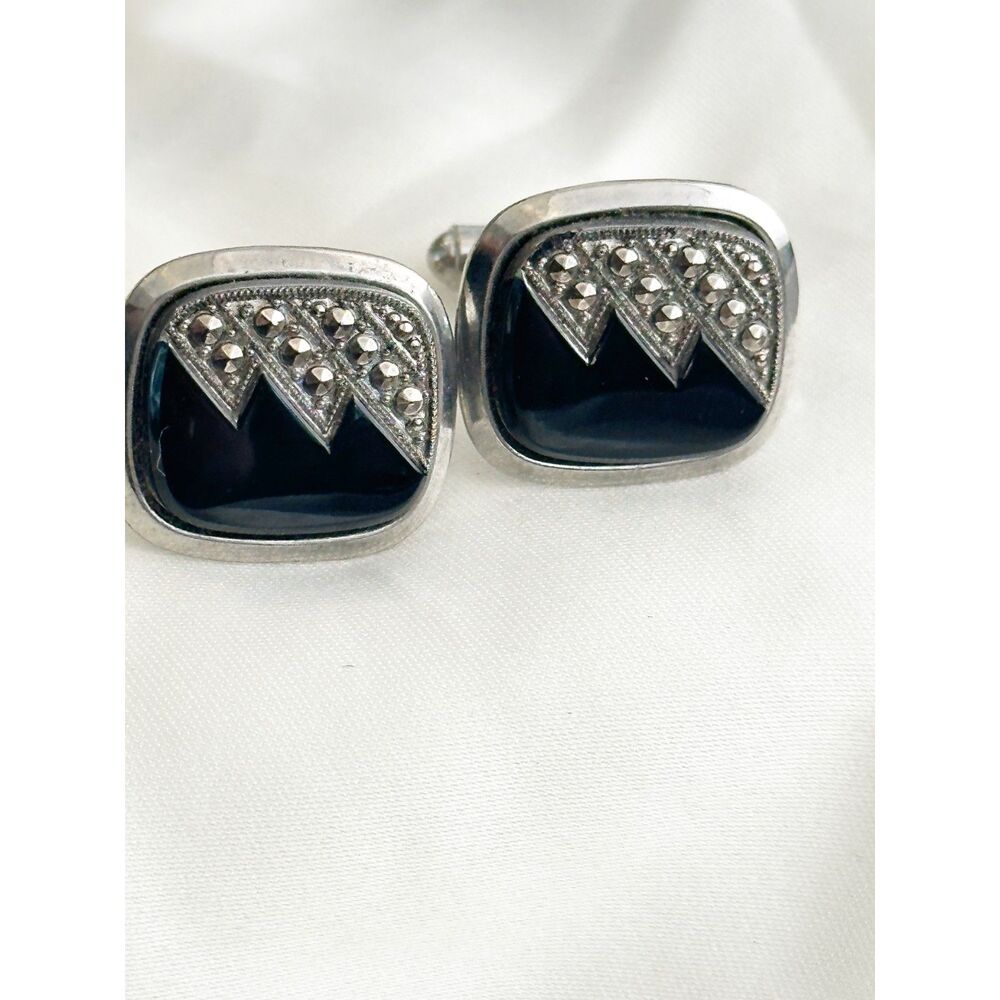 Vintage Marcasite Cufflinks Black Zig Zag square dark academia poetcore - Picture 4 of 5
